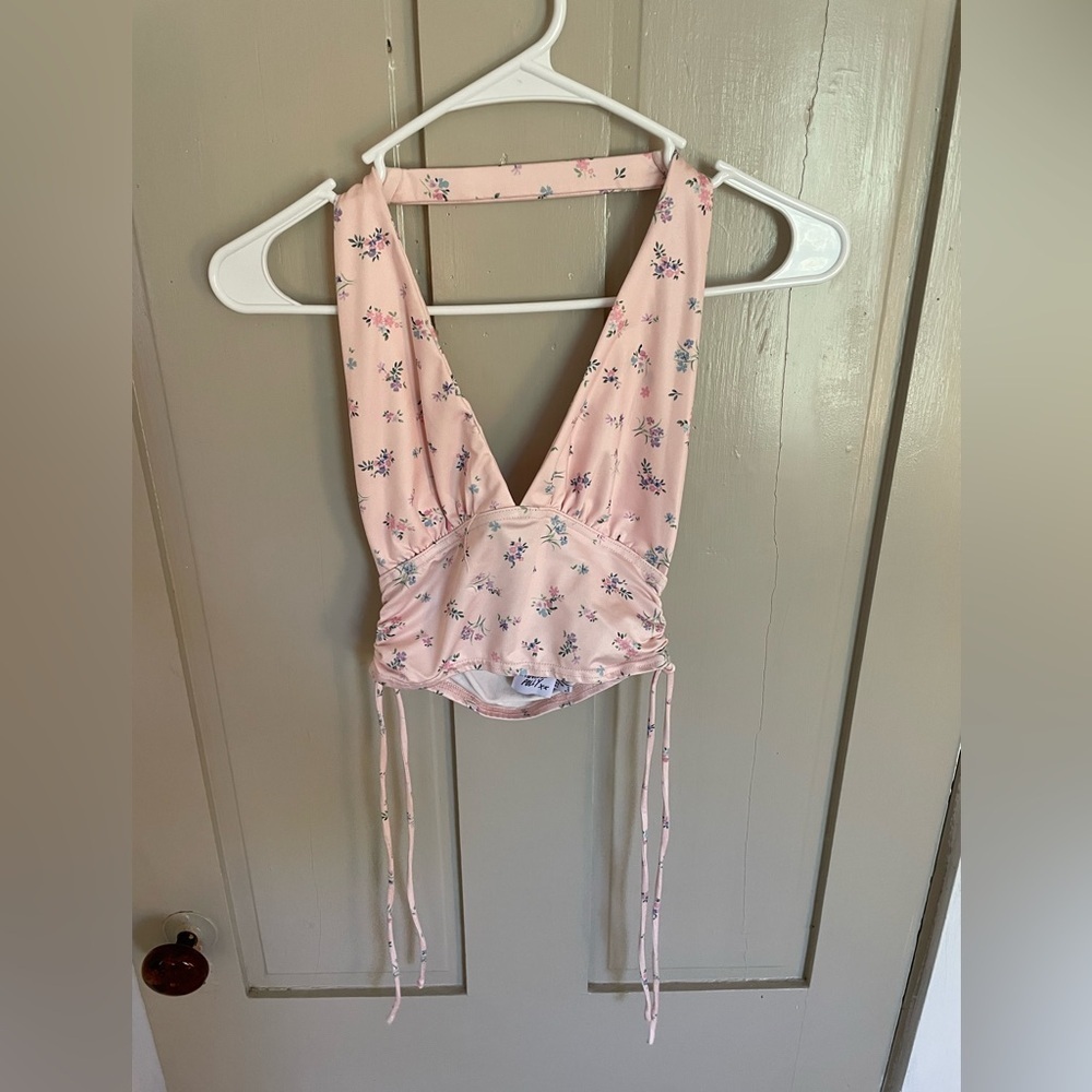 Princess Polly Pink Floral Cropped Halter Top Cute Coquette Girly Fun Going Out - Picture 2 of 11